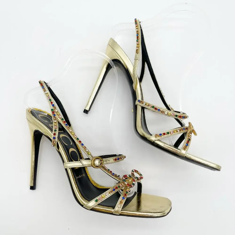 Gucci Carmen Crystal Embellished Gold Leather Bow High Heel Sandals EU 38.5 - Picture 4 of 13